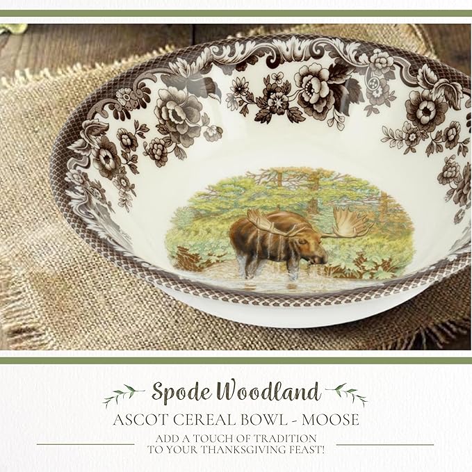 Spode Woodland Majestic Moose Ascot Cereal Bowl - 8 Inch Fine Earthenware Dish, Dishwasher & Microwave Safe, Winter Lodge & Holiday Dining Bowl - Made in England, Warm Oven to 225°