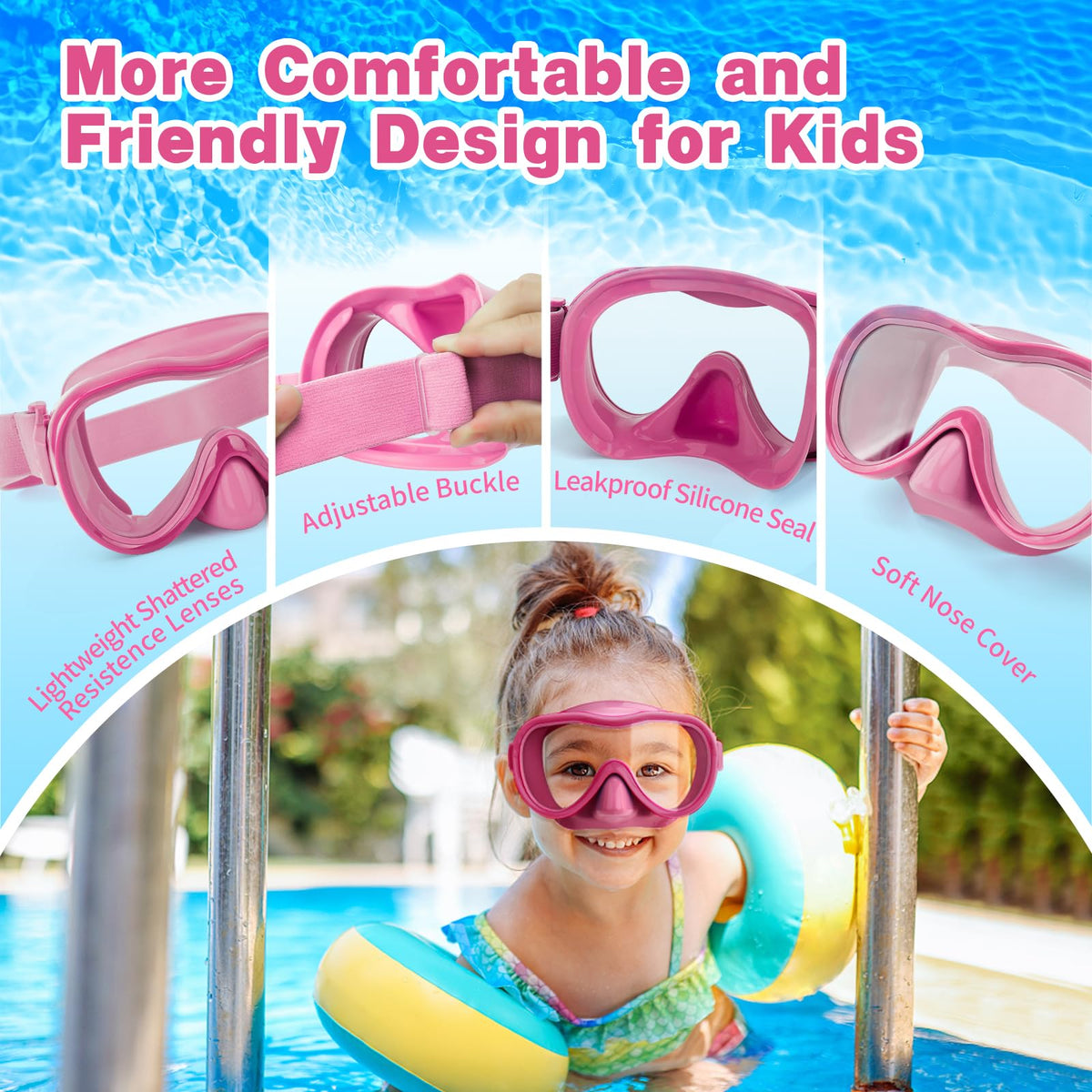 Kids Swim Goggles, Anti-Leak Snork Goggles with Nose Cover & Elastic Fabric Strap, UV Protection Swimming Goggles for Kids Boys Girls