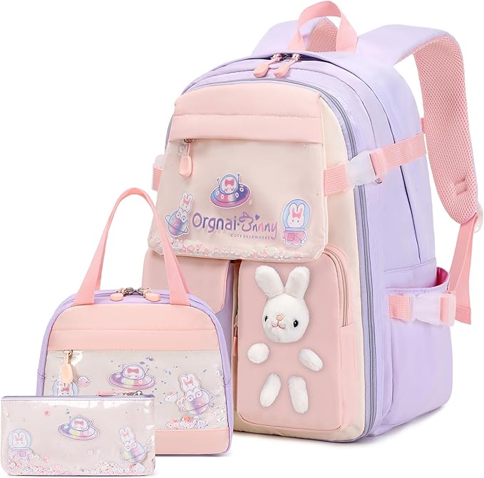 Girls Backpack Set, 3PCS Kids Backpack for Girls, Kawaii Bunny School Backpacks for Girl Kindergarten Elementary Preschool Middle School Bags with Lunch Box Pencil Case Purple