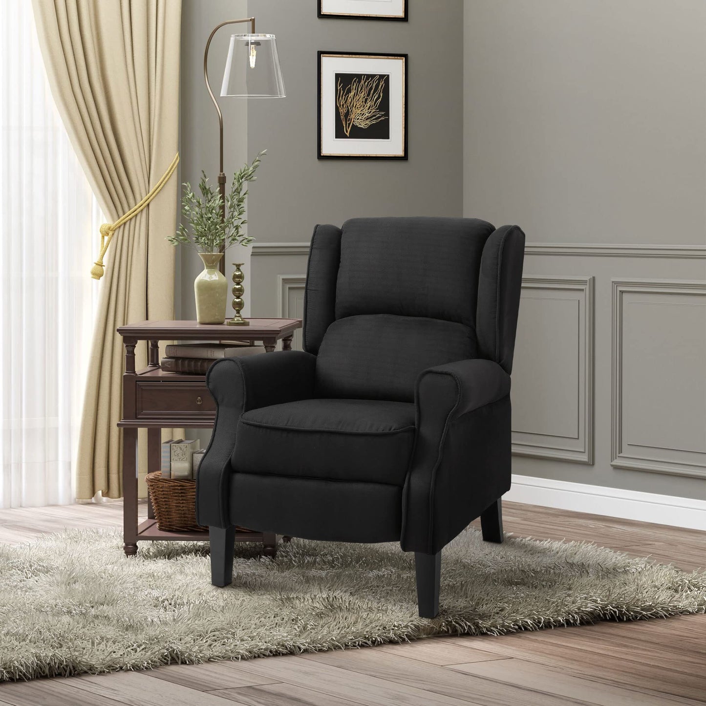 HOMCOM Vibration Massage Recliner Chair for Living Room with Heat, Wingback Single Sofa, Modern Suede Fabric Push Back Reclining Chair with Footrest, Side Pocket, Black