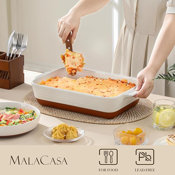 MALACASA Large 9x13 Ceramic Baking Dish with Rack, 4.8 Qt, Khaki & White