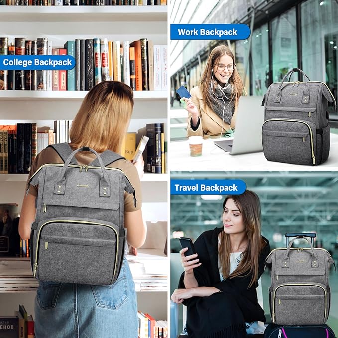 LOVEVOOK 17 inch Laptop Backpack Women, Large Travel Computer Back Pack with USB Charging Port, Anti Theft Backpack for Women Teacher Nurse Work, College Business, Austere Grey
