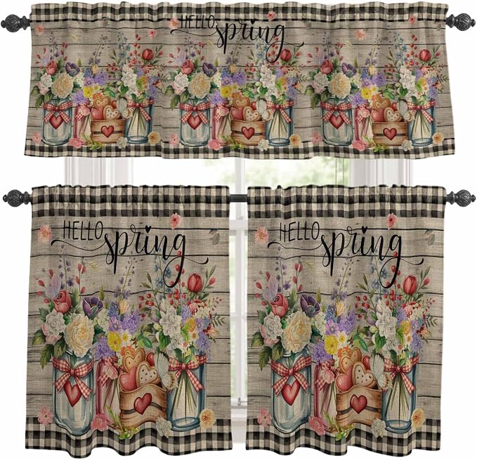 Kitchen Curtains Tiers and Valance Set of 3, Spring Flowers Light Filtering