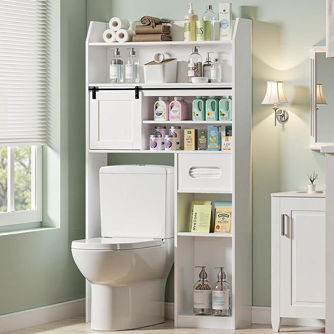 VECELO Over The Toilet Storage Cabinet with Sliding Doors, 63.8" Toilet Organizer with Adjustable Shelves, Paper Holder and Racks, for Bathroom Laundry, White