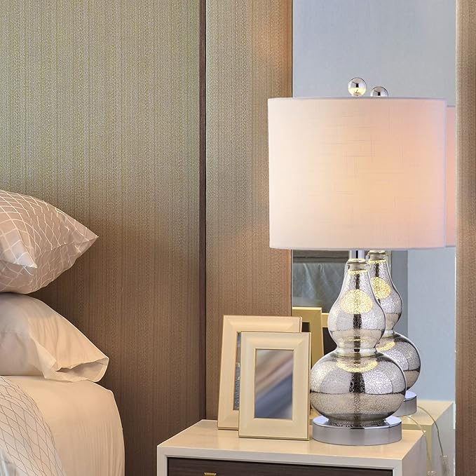 JONATHAN Y 20.5" Mercury Silver Glass Table Lamp, Modern Gourd Bedside Nightstand Lamp for Bedroom, Living Room, White Linen Shade, LED Bulb Included (JYL1028C)