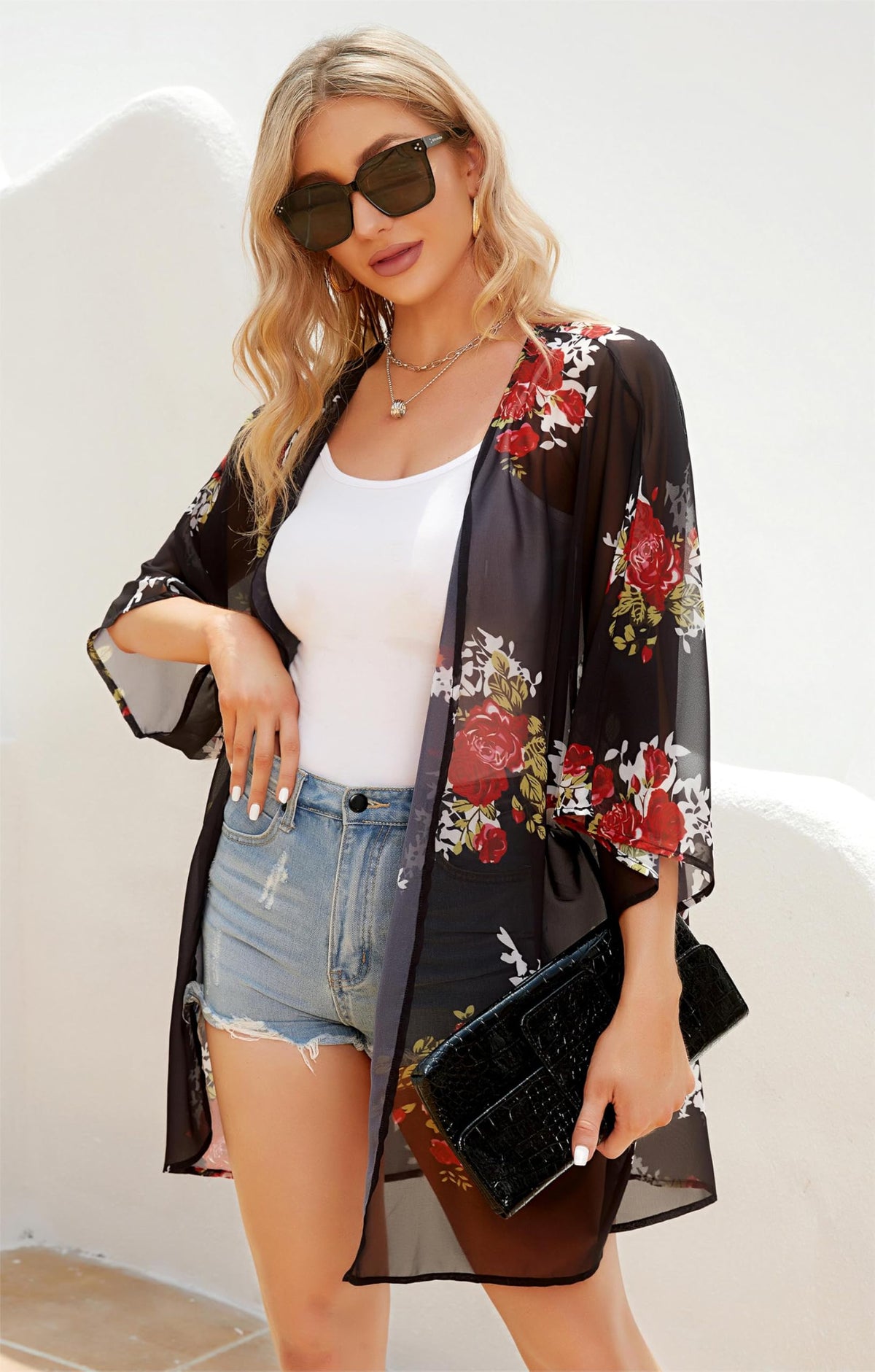 Women's Floral Print Short Sleeve Shawl Chiffon Kimono Cardigan Casual Blouse Tops(Black L)
