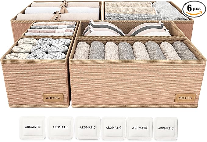 Drawer Organizer Clothes – Set of 6 Foldable Fabric Storage Bins for Dresser & Closet, Strong Structure, Fragrance Sachets Included, Organize Underwear, Socks, Baby Items, Cream
