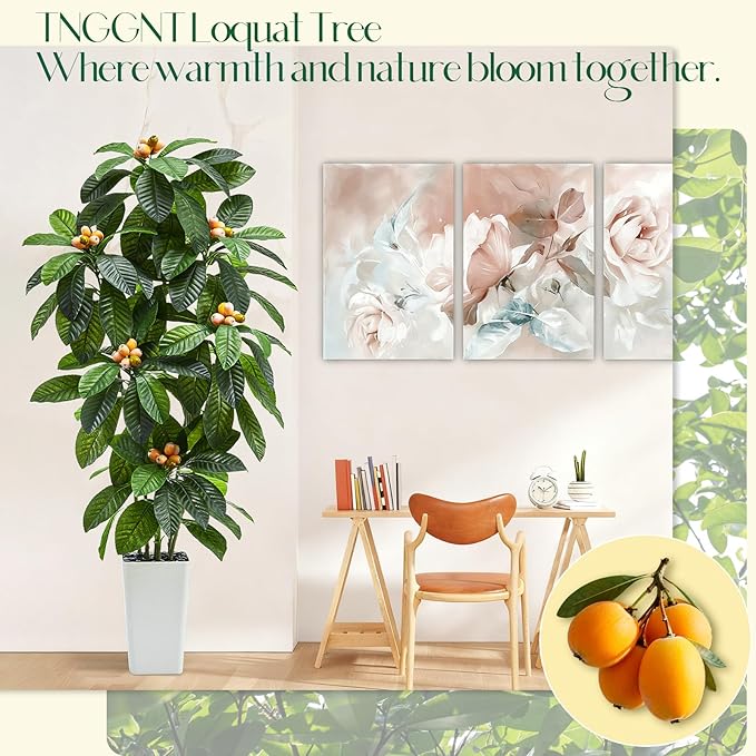 Artificial Loquat Tree：6FT Realistic Tropical Fruit Plants Fake Large Tall Tree Silk Floor Plants in White Pot with Golden Loquat Fruit for Home Decor Indoor Outdoor Room Patio Entryway Garden