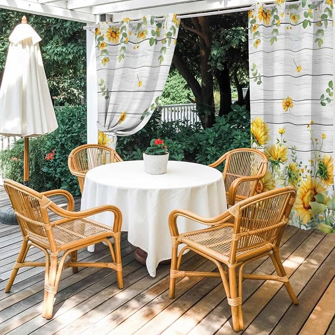 Sunflowers Outdoor Curtains for Patio Summer Floral Eucalyptus Leaf Wood Plank