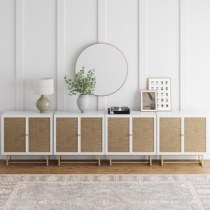 Nathan James Kova Rattan Wood Accent Natural Sideboard Storage Cabinet TV Stand with Matte Metal Frame, Adjustable Shelves and Cane Doors, for Hallway, or Living Room, White/Cane/Brass, Set of 4