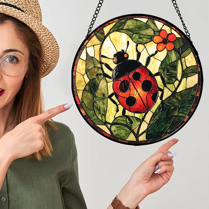 Stained Glass Window Hanging - Red Ladybug Green Plant Flower Sun Catcher for Door Home Decor Insect Suncatcher Christmas Mother's Day Birthday Gifts for Women Men Mom Nana 7.8 in