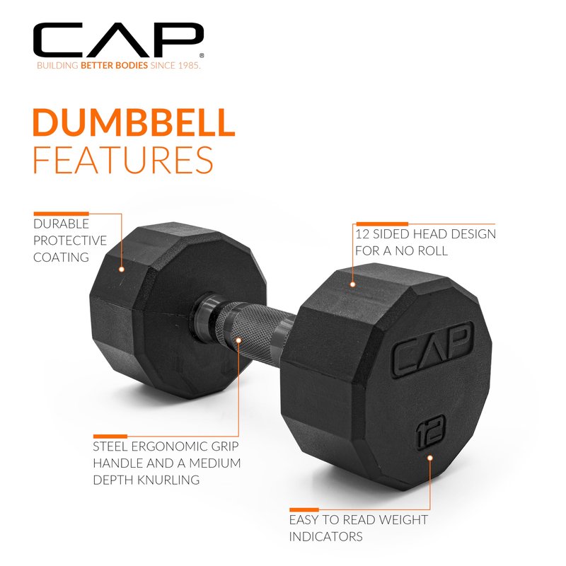 CAP 12 LB 12-Sided Rubber Coated Dumbbell Weight, Rubber Hand Weights for Home Gym Strength Training, Black Oxide Handle, Pair