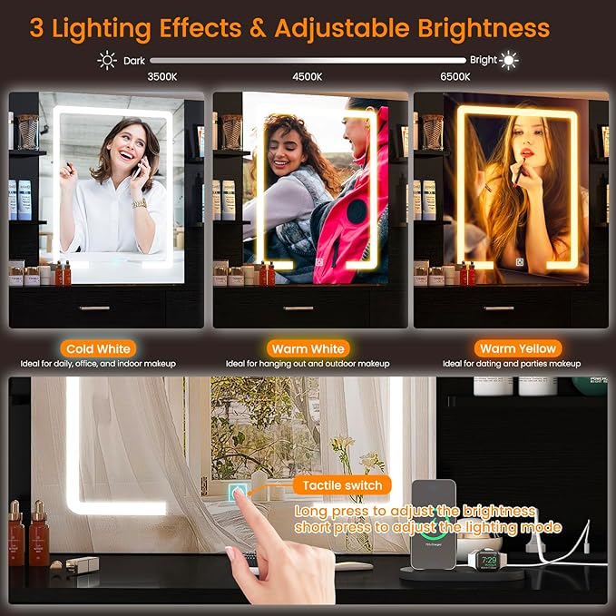 Vanity Makeup Desk with LED Light Mirror & Power Outlet, 8 Drawers, 6 Storage Shelves, 3 Color Modes & Adjustable Brightness Dressing Table, Corner Vanity, L Shape Change, 39.4”Desk, Black