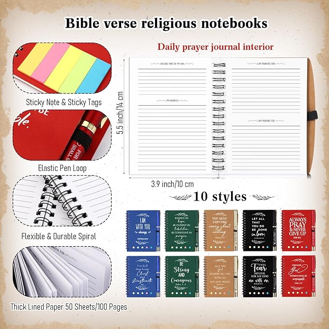 Spakon 30 Set Christian Gifts Bulk Easter Mother's Day Church Sticky Note Spiral Notebook Bible Verse Ballpoint Pen Prayer Journal Religious Scripture Notepad Sunday School Teacher Party Favors