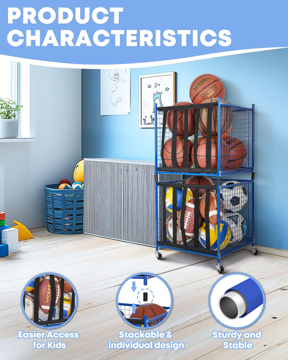 Mythinglogic Rolling Sports Ball Storage Cart, Sports Lockable Ball Storage Locker with Casters, Stackable Ball Cage for Garage Storage Garage Organizer (2 Pack Blue)