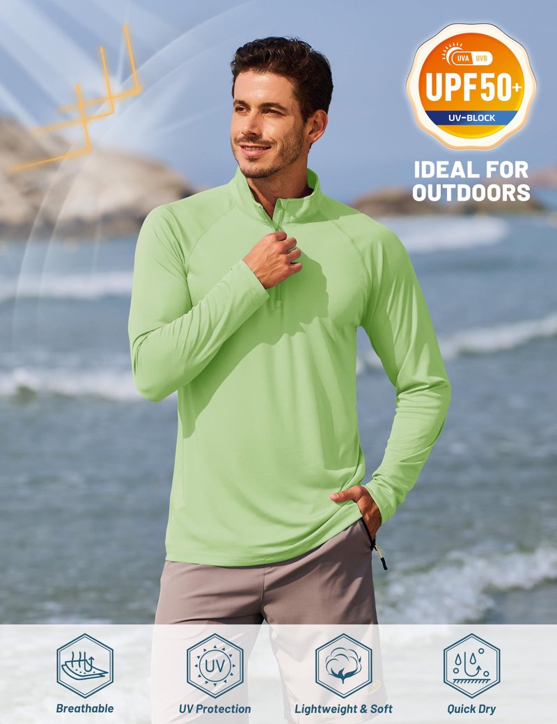 TACVASEN Athletic Quarter Zip Pullover Shirts for Men Running Shirts Quick Dry Sun Protection Sun Long Sleeve Beach UPF50+ T-Shirts Light Green