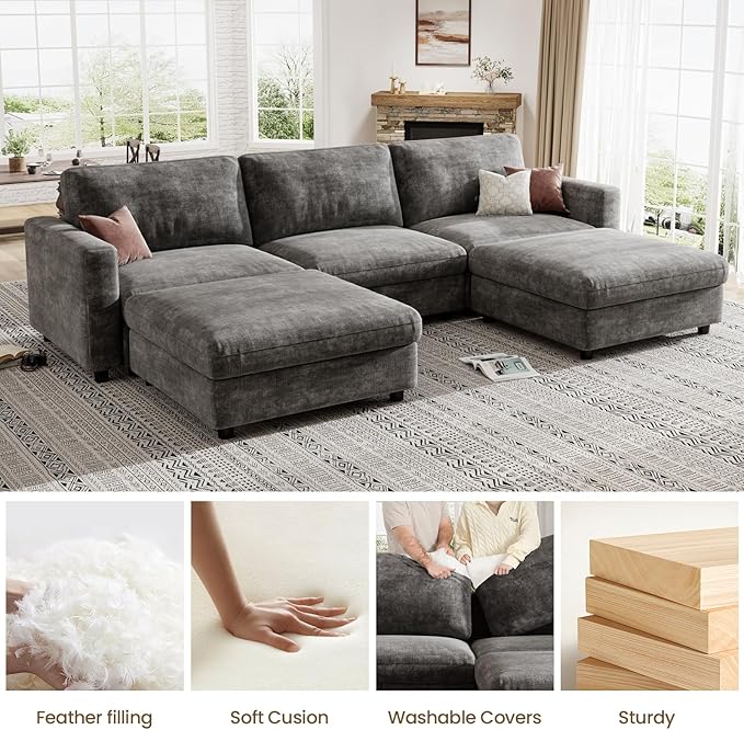 KKL Modular Sectional Couches for Living Room, Chenille 5 Seater Sofa Couch with Adjustable Backrest, Sofa Couch with Comfy Cushion, Dark Grey