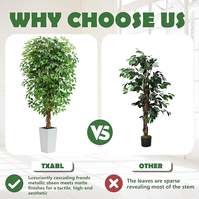 Artificial Ficus Tree 6FT Faux Floor Tree with Planter UV Resistant Potted Fake Silk Plant - Indoor Outdoor Lifelike Fake Ficus Tree for Home, Living Room Bedroom Topiary Tree