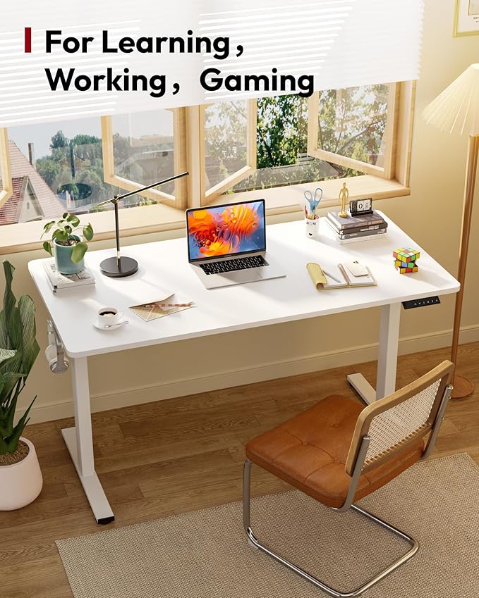 SANODESK Electric Standing Desk 60 x 24 Inches Whole-Piece Desktop Height Adjustable Stand Up Desk w/6-Button Controller Ergonomic Computer Desk for Home Office, White Frame + White Tabletop
