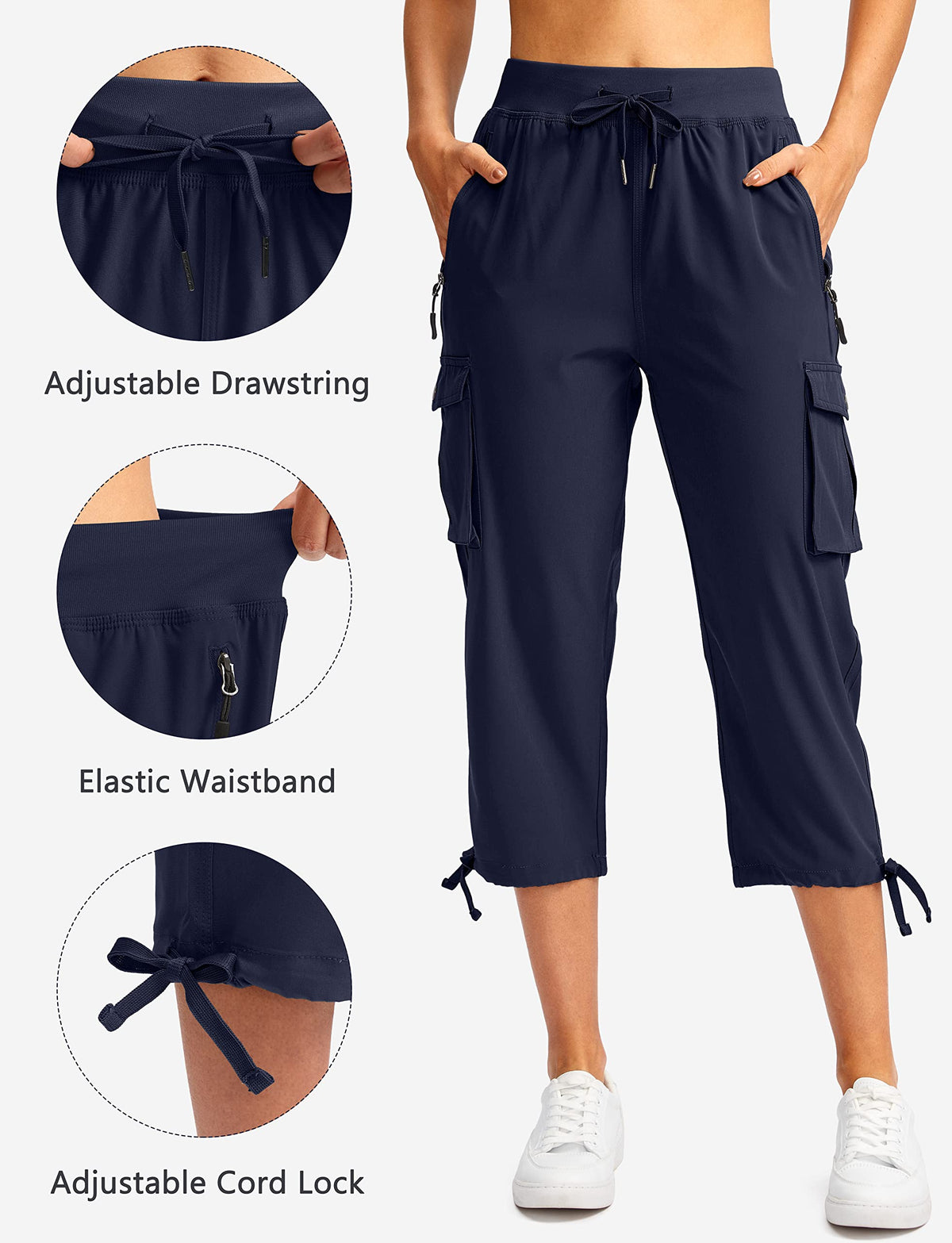 Soothfeel Women's Cargo Capris Pants with 6 Pockets Lightweight Quick Dry Travel Hiking Summer Pants for Women Casual (Navy, M)