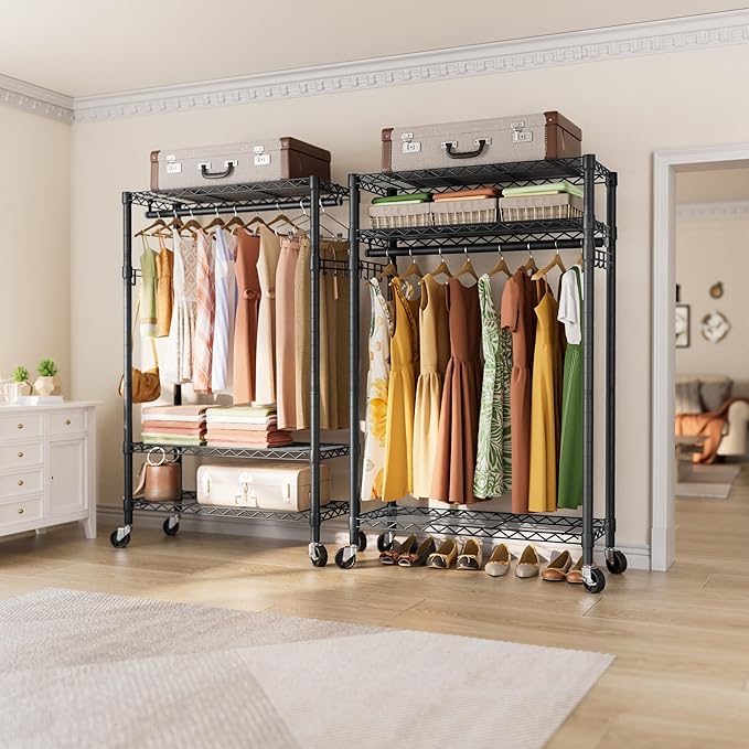 Heavy Duty Clothes Rack Rolling Garment Rack,3 Tier Adjustable Wire Shelving Clothing Racks for Hanging Clothes with Hanger Rod&Side Hooks,Freestanding Wardrobe Storage Rack Metal Portable Closet