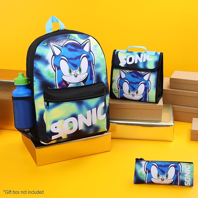 Sonic The Hedgehog Backpack Set 4 Pcs with Insulated Lunch Bag Water Bottle Pencil Case Shadow School Supplies Gift for Kids (Sonic 4 Pcs Set)