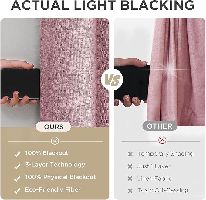 Joydeco Blackout Curtains 72 Inches Long 2 Panels Burg, Room Darkening Curtains for Bedroom, 100% Black Out Textured Thermal Drapes Privacy Protection 2 Panels Set(W52 x L72 Inch, Pink)