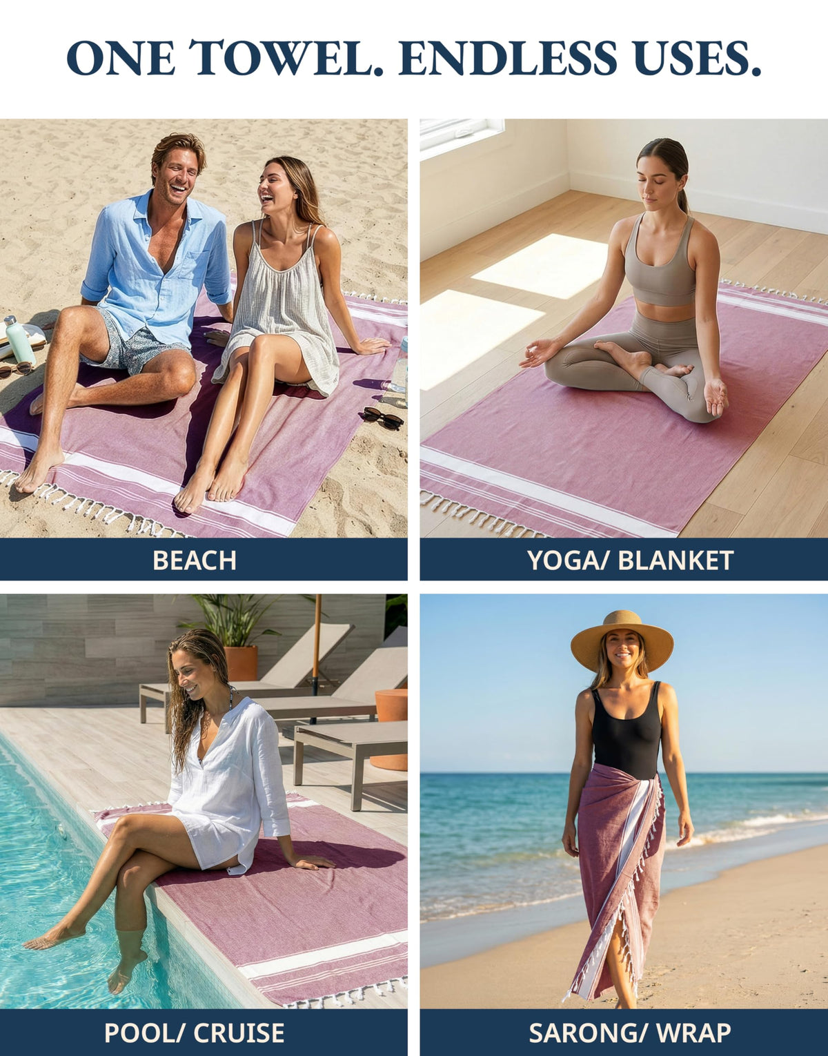 LANE LINEN Beach Towel Set of 4, Turkish Beach Towel Set, Pre-Washed Pool Towels, Quick Dry Travel Beach Towel, Extra Large Beach Towels Oversized, 39"x71" - Cashmere Rose