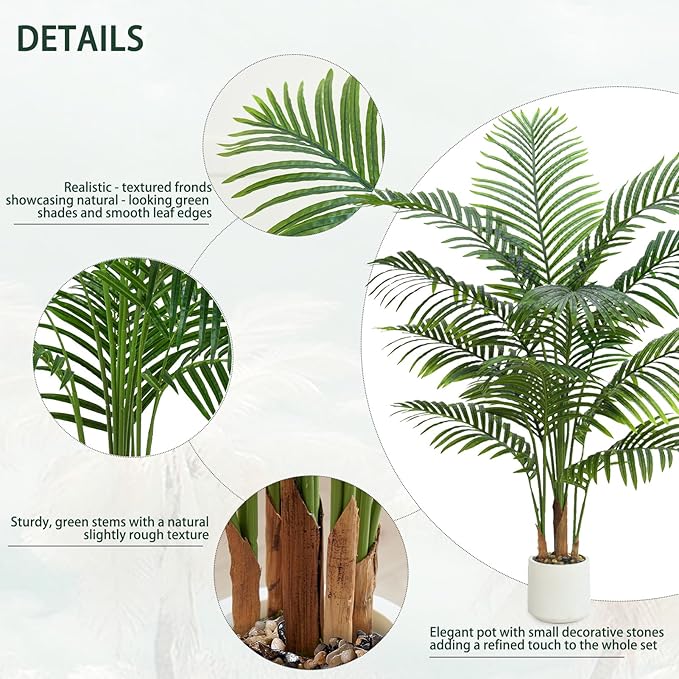 Artificial Palm Tree Indoor Plant 5FT Tall Fake Tropical Palm Tree in Pot, Real Bark Design Faux Areca Palm Tree for Home Office Living Room Bedroom Farmhouse Modern Outdoor Topiary Tree (13 Trunks)