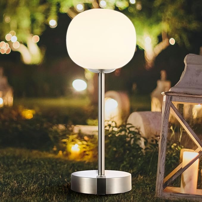JONATHAN Y 12.25" Nickel Rechargeable Table Lamp, Modern Cordless LED Nightstand Lamp, White Glass Shade, Dimmable Portable Desk Lamp for Bedroom Living Room Dining JYL7108A