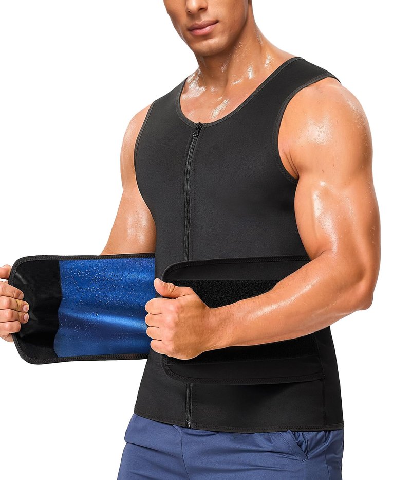 Junlan Sauna Suit for Men 2 in 1 Waist Trainer Sauna Shirt for Men Sweat Band for Stomach(Blue,2X-Large)