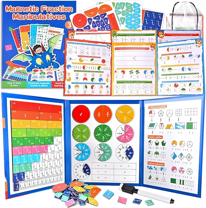 Magnetic Fraction Demonstration Book with Magnetic Fraction Tiles & Circles, Hands-On Fraction Manipulatives for Kids, Visual Math Learning Set for Classroom, Homeschool & Early Math Practice