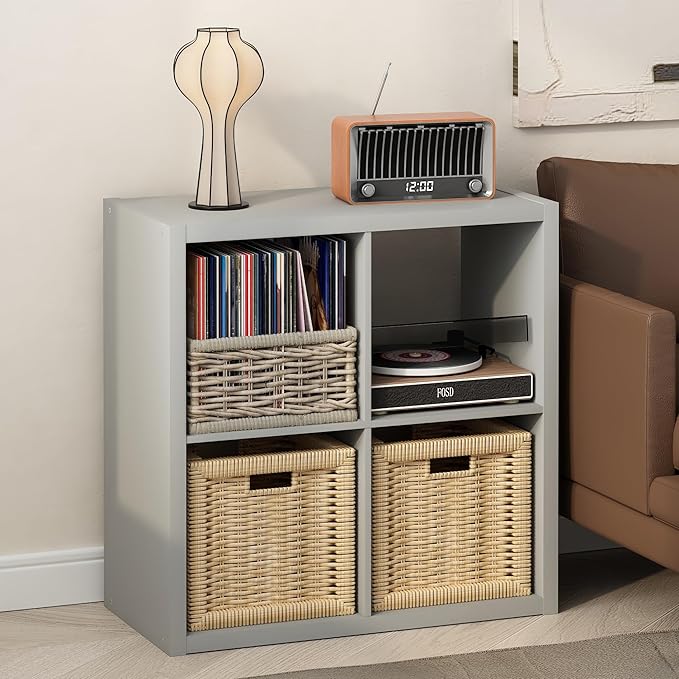 Furinno Cubicle Record Player Stand with Vinyl Storage, 4-Cube 1.2 Extra Thick Vinyl Record Storage, Open Back Media Shelf for CD DVD Blueray Game Disc, for Living Room, Home Office, Light Grey