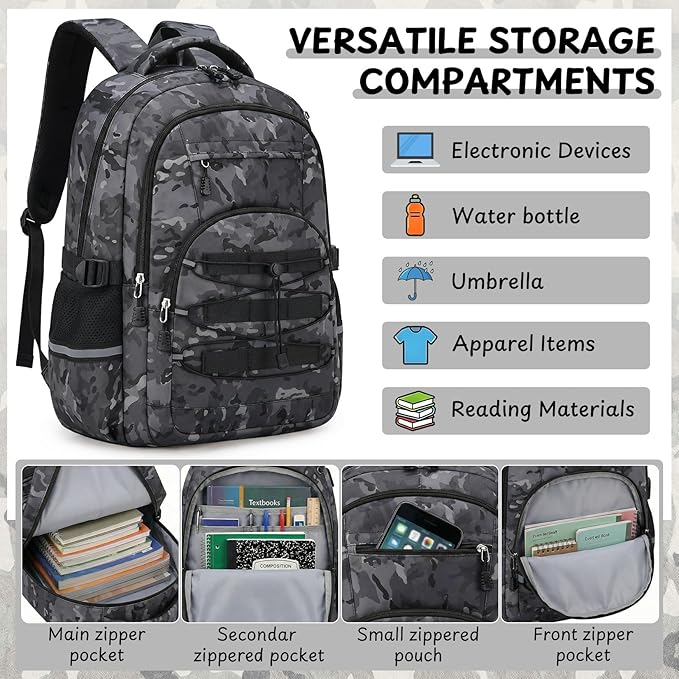 Kids Backpack for Boys - Camo Boys Backpacks for Kids Teens Elementary Middle School, 18″ Camouflag Students Bookbag with Usb Charging Port & Key-chain, Perfect for Travel and School
