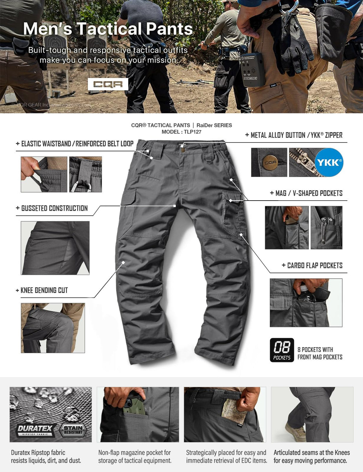 CQR Men's Tactical Pants, Water Resistant Ripstop Cargo Pants, Lightweight EDC Work Hiking Pants, Outdoor Apparel, Raider Mag Pocket Charcoal, 38W x 30L