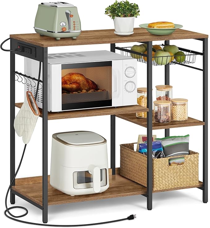 VASAGLE Baker's Rack, Coffee Bar Stand with Charging Station, 35.6 Inches Tall, Storage Shelves, Pull-Out Wire Basket, Table for Microwave, Kitchen, Honey Brown and Ink Black UKKS036K41