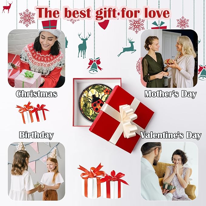 Stained Glass Window Hanging - Red Ladybug Green Plant Flower Sun Catcher for Door Home Decor Insect Suncatcher Christmas Mother's Day Birthday Gifts for Women Men Mom Nana 7.8 in