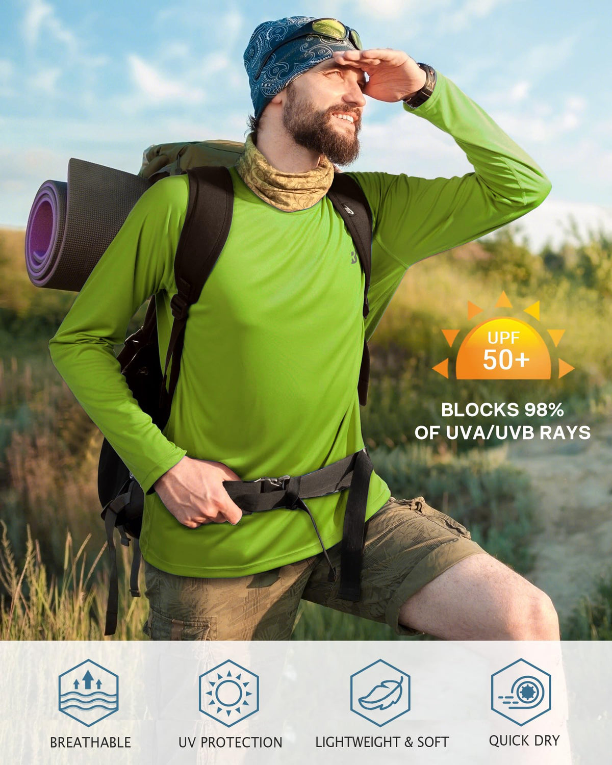 Roadbox Mens UPF 50+ Long Sleeve SPF Diving Rash Guard UV Sun Protection Shirts for Outdoor Fishing Hiking Swimming Running Lime Green