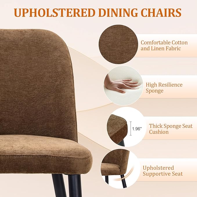 Upholstered Dining Chairs Set of 6, Mid Century Modern Fabric Dining Room Chair High-Back Padded Kitchen Chairs with Padded Seat and Metal Legs for Kitchen Dining Room Restaurant Cafe, Brown
