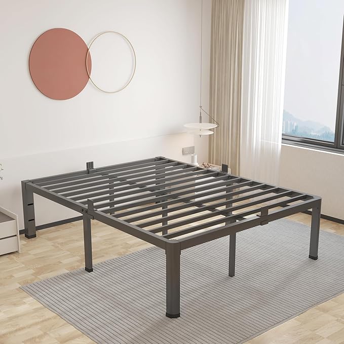 ROIL 16 Inch Queen Bed Frame with Rounded Corner and Headboard Hole Mattress Retainers 3500LBS Metal Heavy Duty Steel Slats No Box Spring Needed Platform Noise-Free Easy Assembly