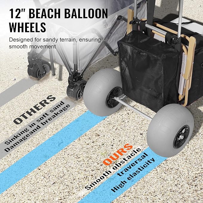 VEVOR Beach Dolly with Big Wheels for Sand, 29.9" x 15.4" Cargo Deck, w/ 12" Balloon Wheels, 165LBS Loading Capacity Folding Sand Cart & 27" to 44.7" Adjustable Height, Heavy Duty Cart for Beach