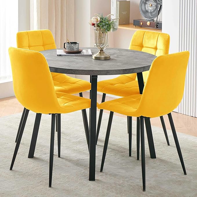 Modern 4-Person Round Dining Table Set, Space-Saving for Kitchen, Living Room, Apartment, Includes Dining Table & 4 Yellow Chairs,Small Dining Room Set for 4