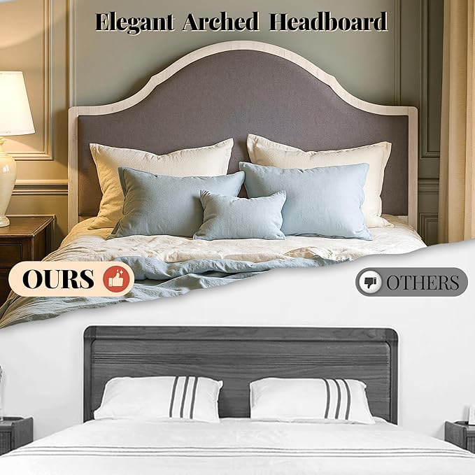 Jocisland Queen Size Bed Frame with Tall Upholstered Curved Headboard, Solid Wood Platform Bed, No Box Spring Needed, Wood Slat Support, Easy Assembly, White