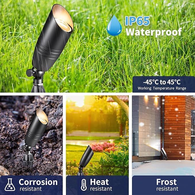 Black Brass Low Voltage Landscape Spotlights(6-Pack) Kit 12V LED with 100 Feet Wire and 30Pack Connectors for Outdoor Yard Garden Patio Without Transformer