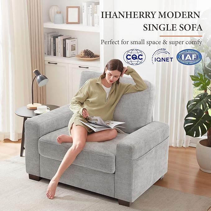 Ihanherry 39 Inch Sofa Single with Side Pocket, Comfy Modern 1-Seat Sofa for Living Room & Bedroom, Removable Medium Firm Sofa Cushion, Breathable Chenille Fabric, Grey