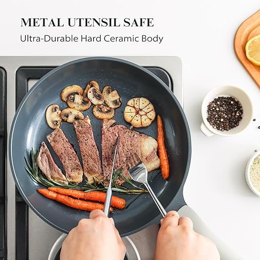 PRICUSIS Nonstick Ceramic Frying Pan Skillet, 8+12 Inch Induction Compatible with Stay Cool Handle, Healthy PTFE PFAS & PFOA Free Omelet Pan, Dishwasher Safe (Blueberry Gray)