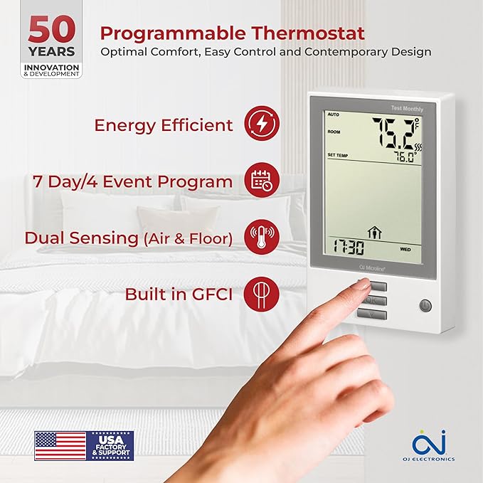 15sqft Floor Heating Cable Kit - 120v Heated Floor System - Heated Flooring System for Tile - Includes UDG Programmable Thermostat w/GFCI, Heating Cable, Strapping, Flooring Sensor & Alarm