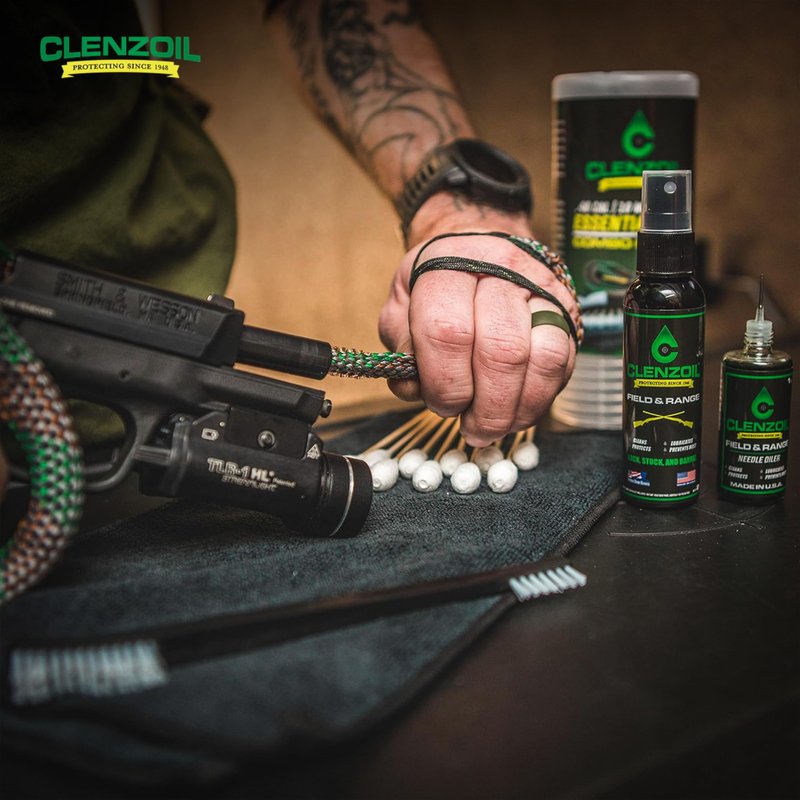 CLENZOIL Field & Range Pistol & Rifle Essentials Gun Cleaning Kit | CLP Spray & Oiler with Bore Cleaner | Clean, Lubricate & Protect | Nylon Brush, Bore Swabs & Microfiber (40 Caliber | 10mm)