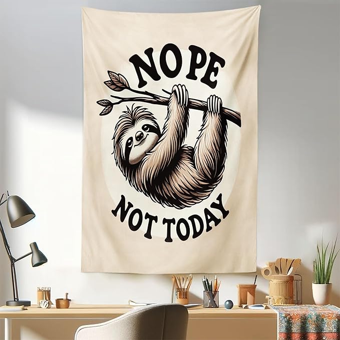 Ambesonne Funny Tapestry, Nope Not Today Saying with a Happy Sloth Hanging Down from a Branch, Fabric Wall Hanging Decor for Bedroom Living Room Dorm, 30" X 45", Eggshell Pale Brown Black