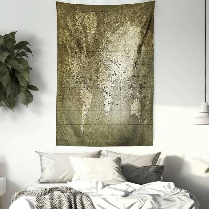 Ambesonne Antique Tapestry Twin Size, Old World Map Texture Nostalgic Plan Atlas Trace of Life, Wall Hanging Bedspread Bed Cover Wall Decor, 68" X 88", Khaki Beige